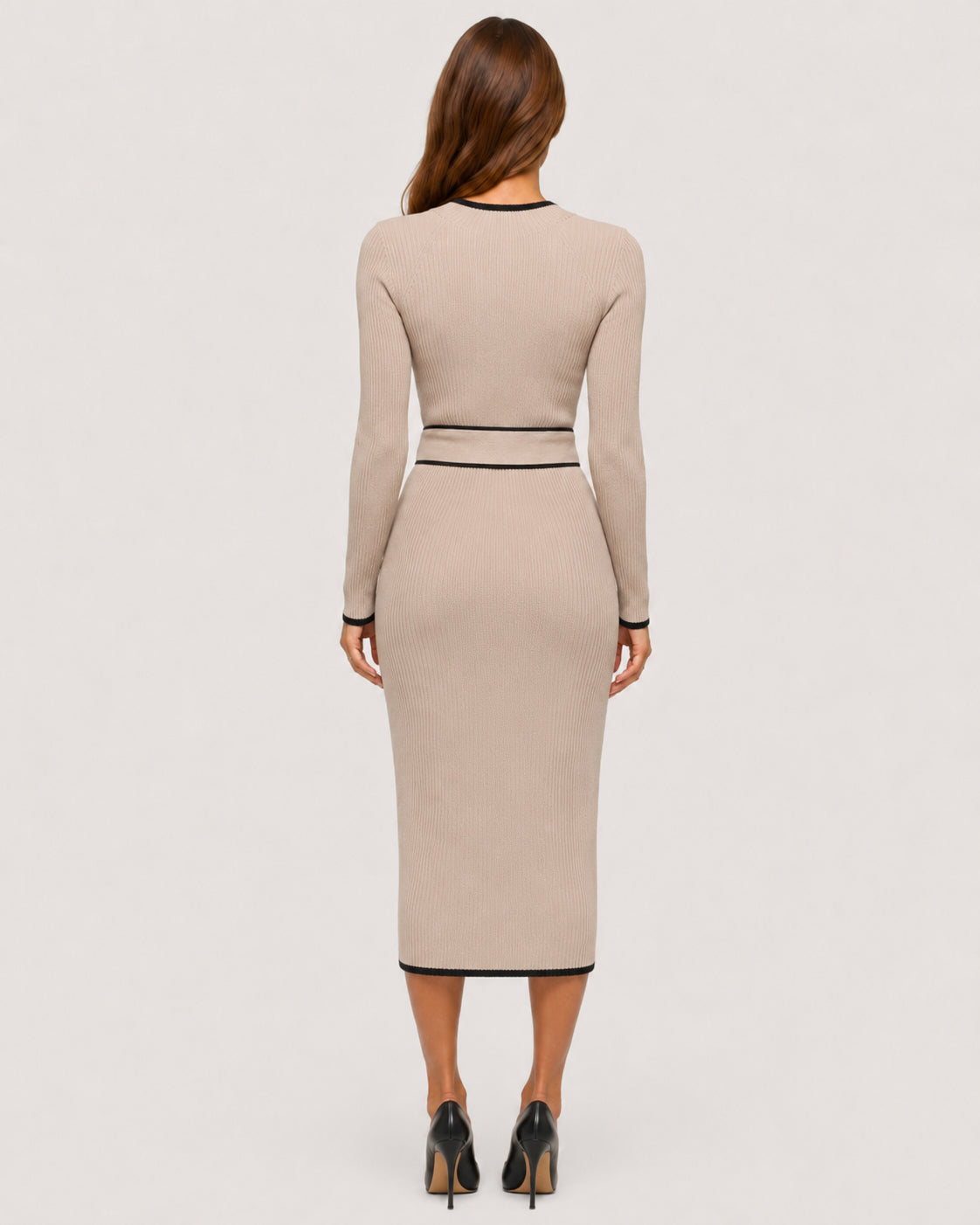 Colette Contrast Knit Midi Dress Khaki - back