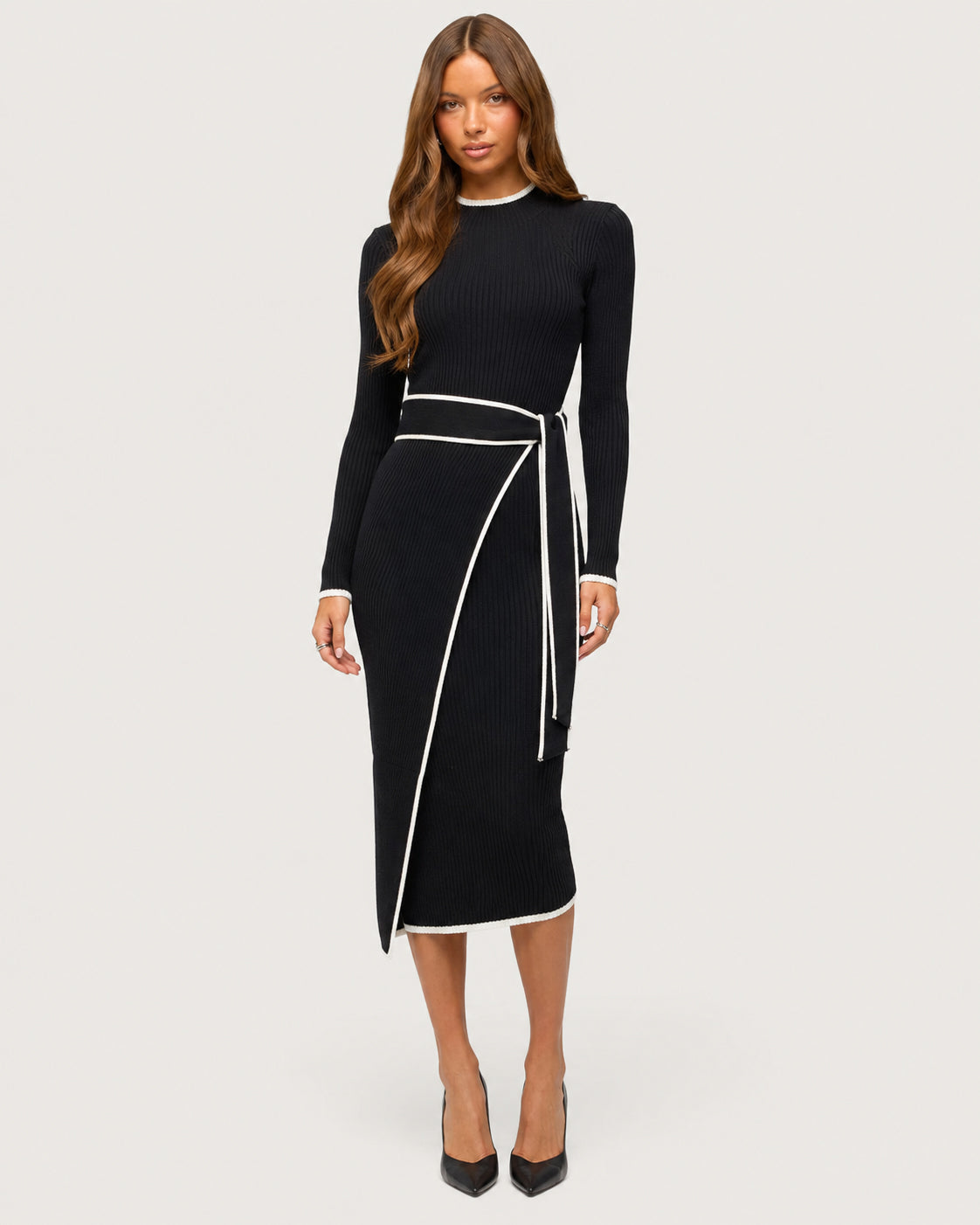 Colette Contrast Knit Midi Dress Black - front