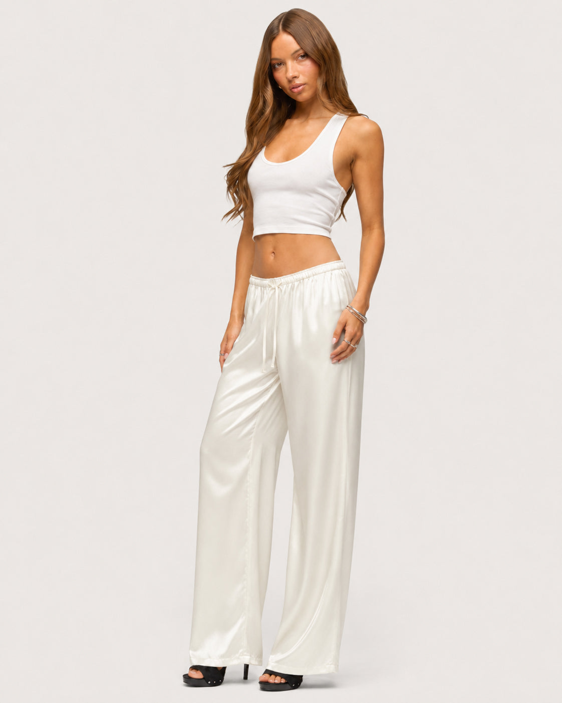 Rosalie Satin Wide-Leg Trousers - White