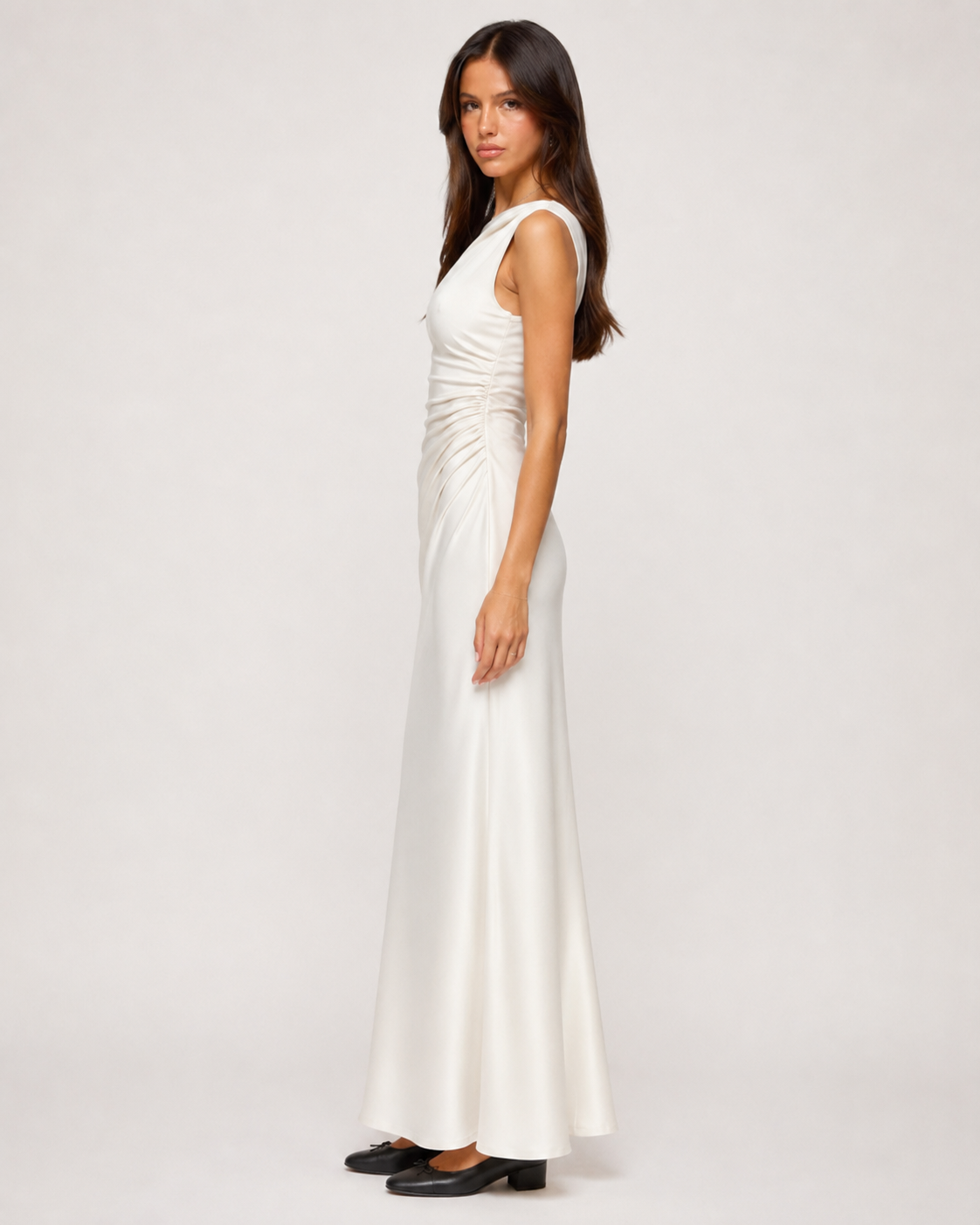 Odette Ruched Satin Maxi Dress - Ivory