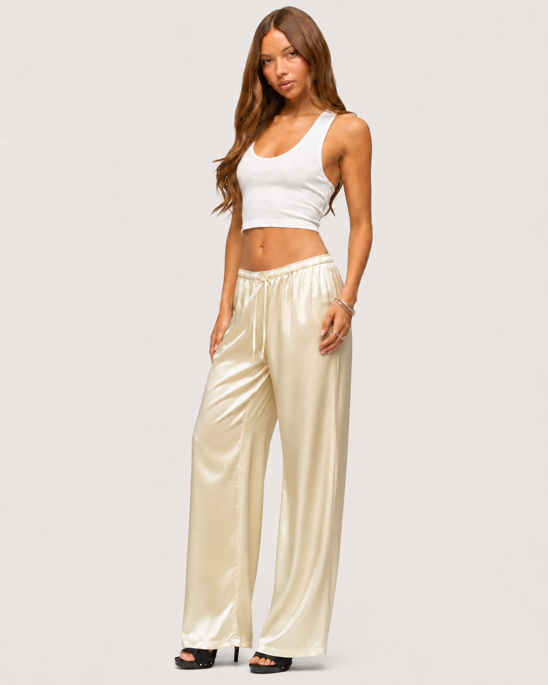 Rosalie Satin Wide-Leg Trousers - Champagne