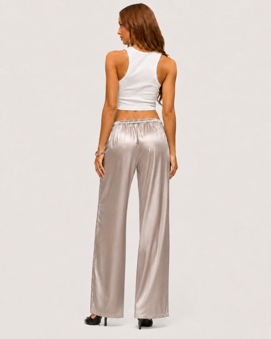 Rosalie Satin Wide-Leg Trousers - Beige