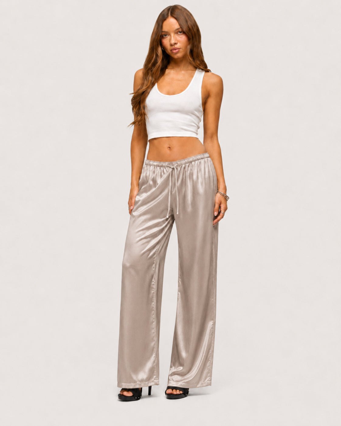Rosalie Satin Wide-Leg Trousers - Beige