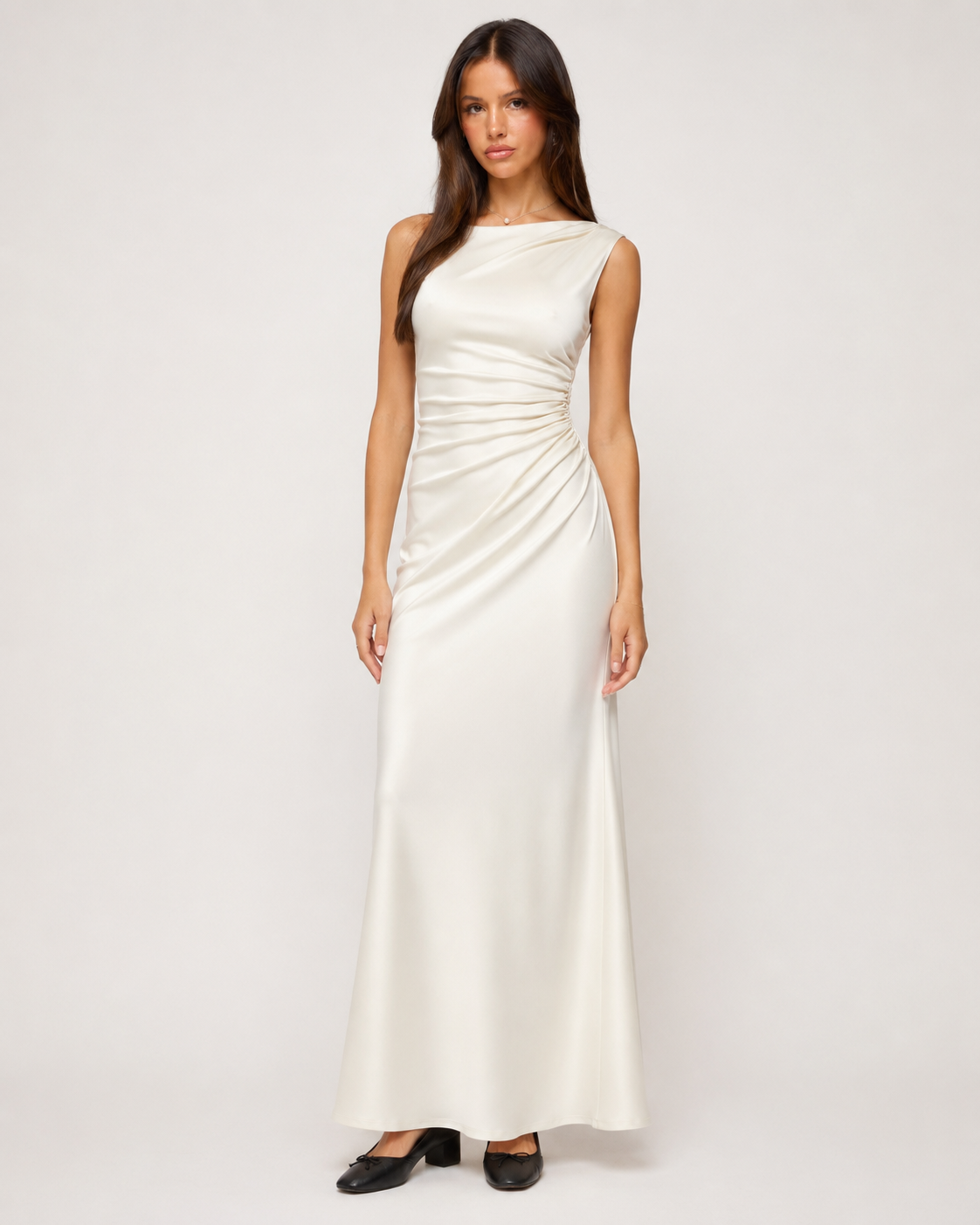 Odette Ruched Satin Maxi Dress - Ivory