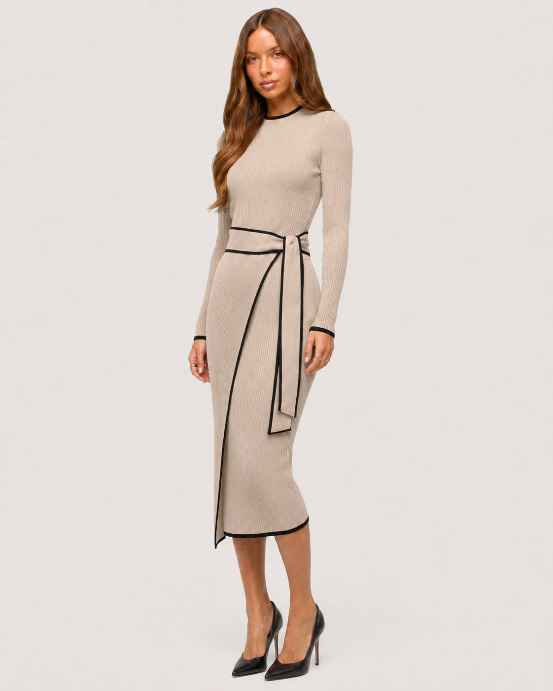 Colette Contrast Knit Midi Dress Khaki - 3/4