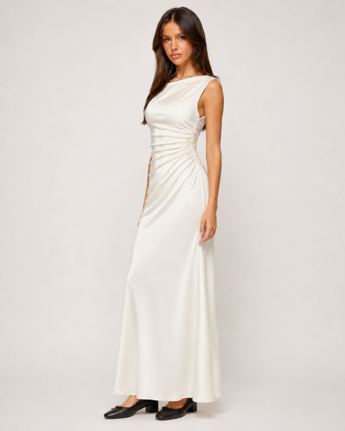 Odette Ruched Satin Maxi Dress - Ivory