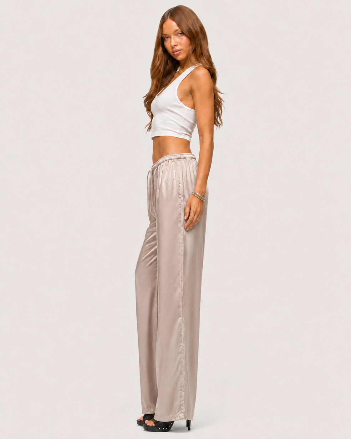 Rosalie Satin Wide-Leg Trousers - Beige