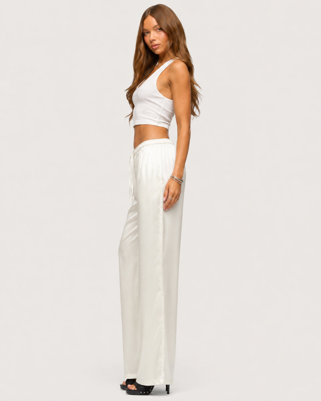 Rosalie Satin Wide-Leg Trousers - White
