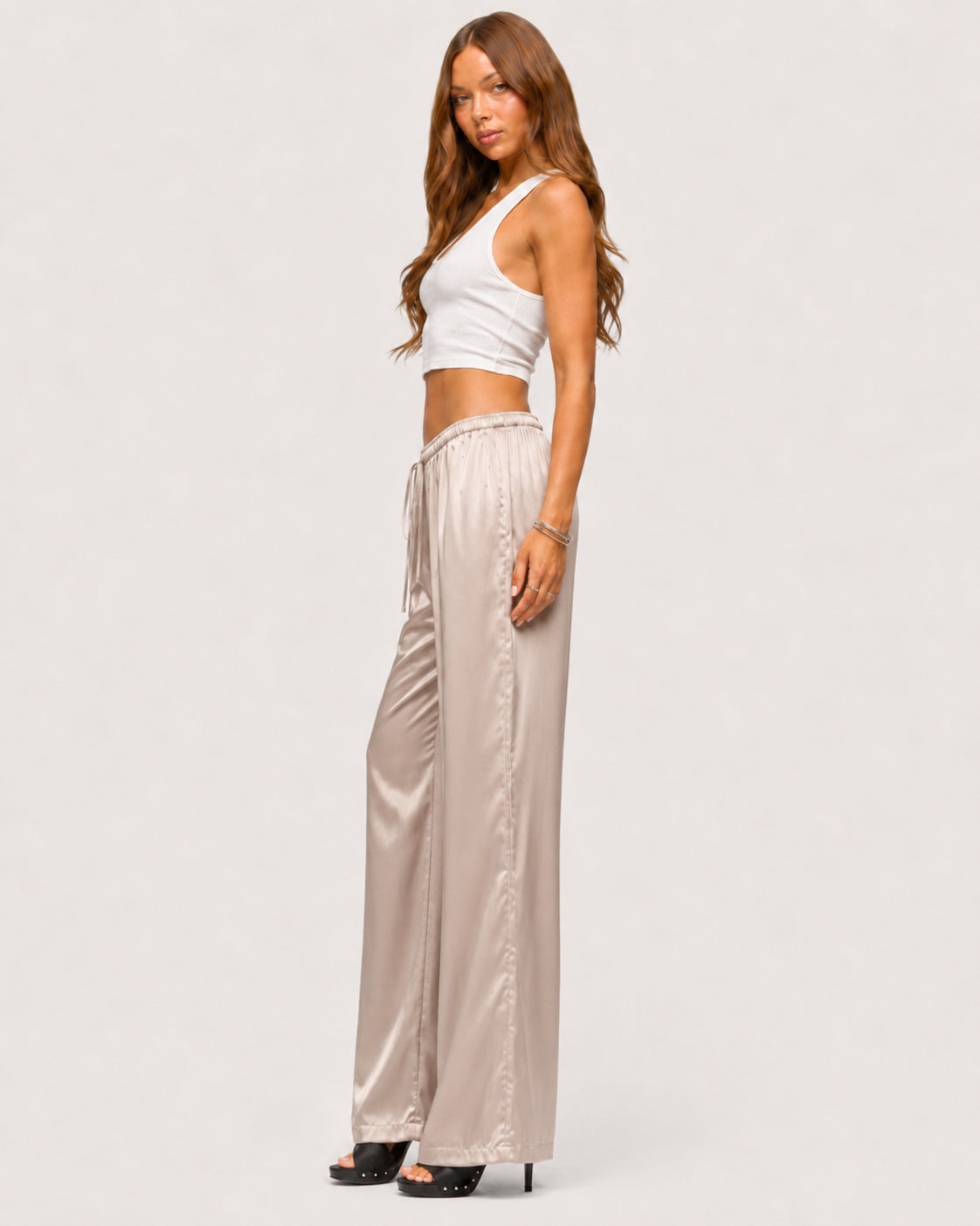 Rosalie Satin Wide-Leg Trousers - Beige
