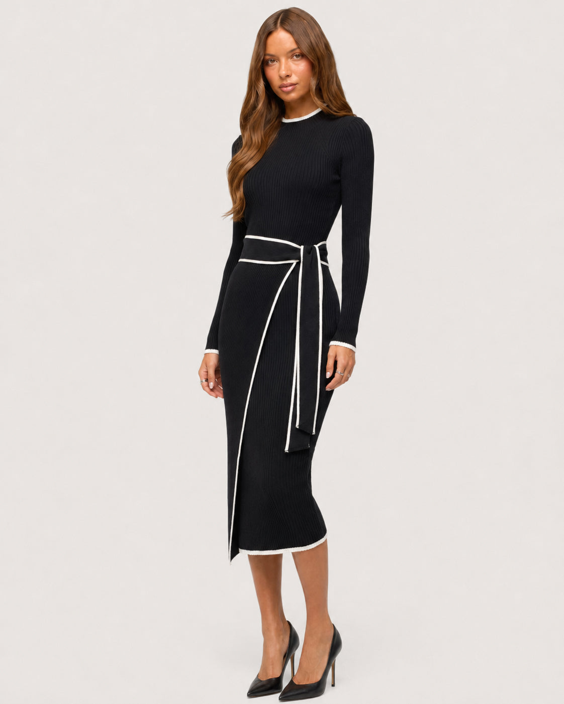 Colette Contrast Knit Midi Dress Black - 3/4