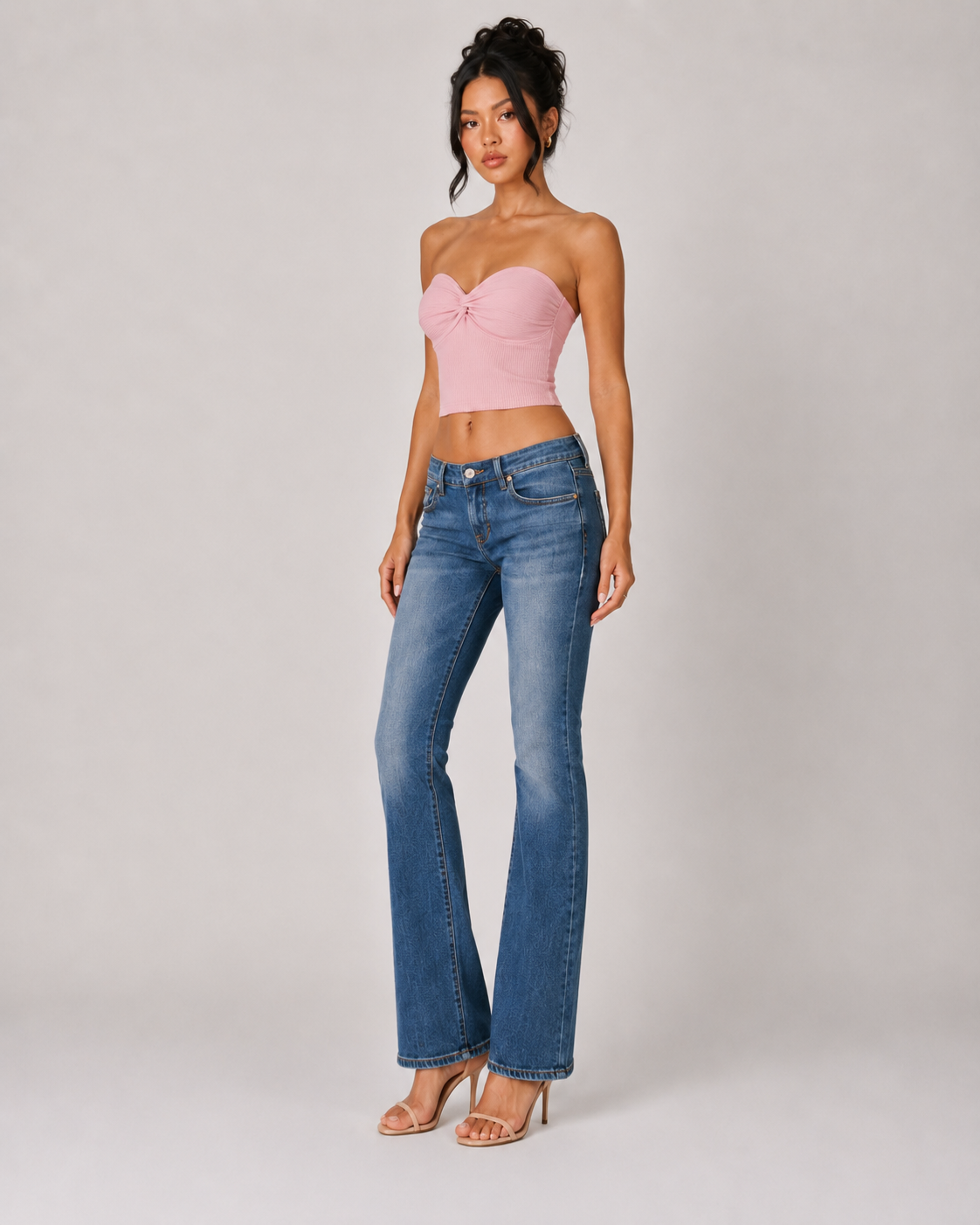 Ribbed Twist Front Bandeau Crop Top - Pink