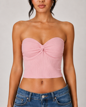Ribbed Twist Front Bandeau Crop Top - Pink