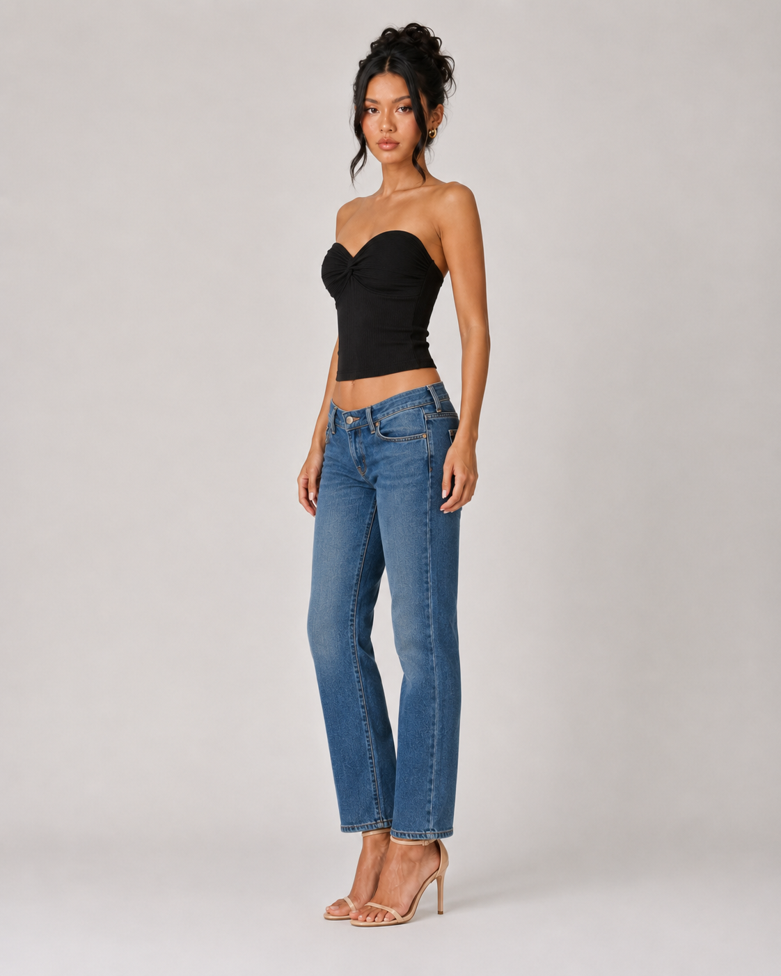 Ribbed Twist Front Bandeau Crop Top - Black