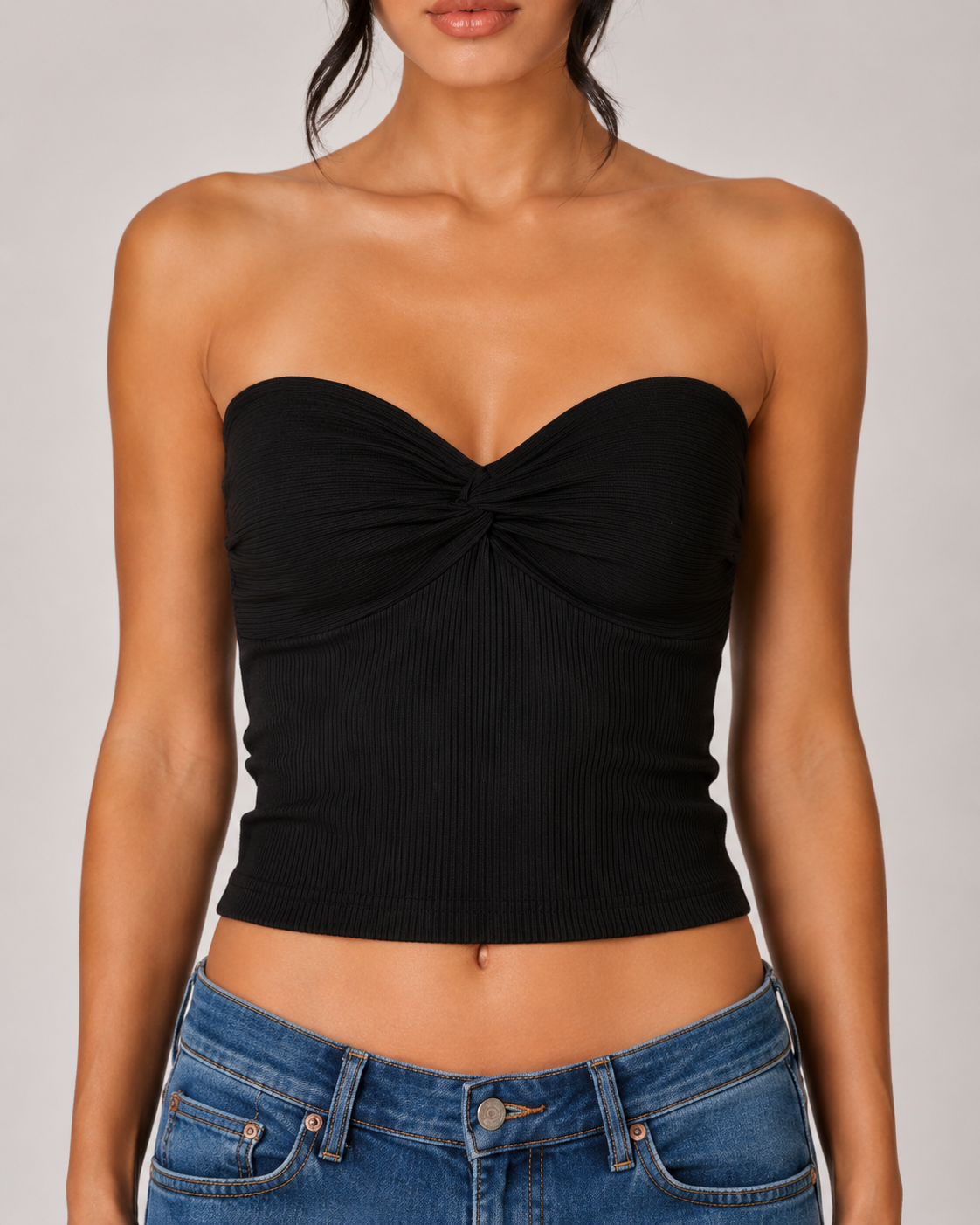 Ribbed Twist Front Bandeau Crop Top - Black