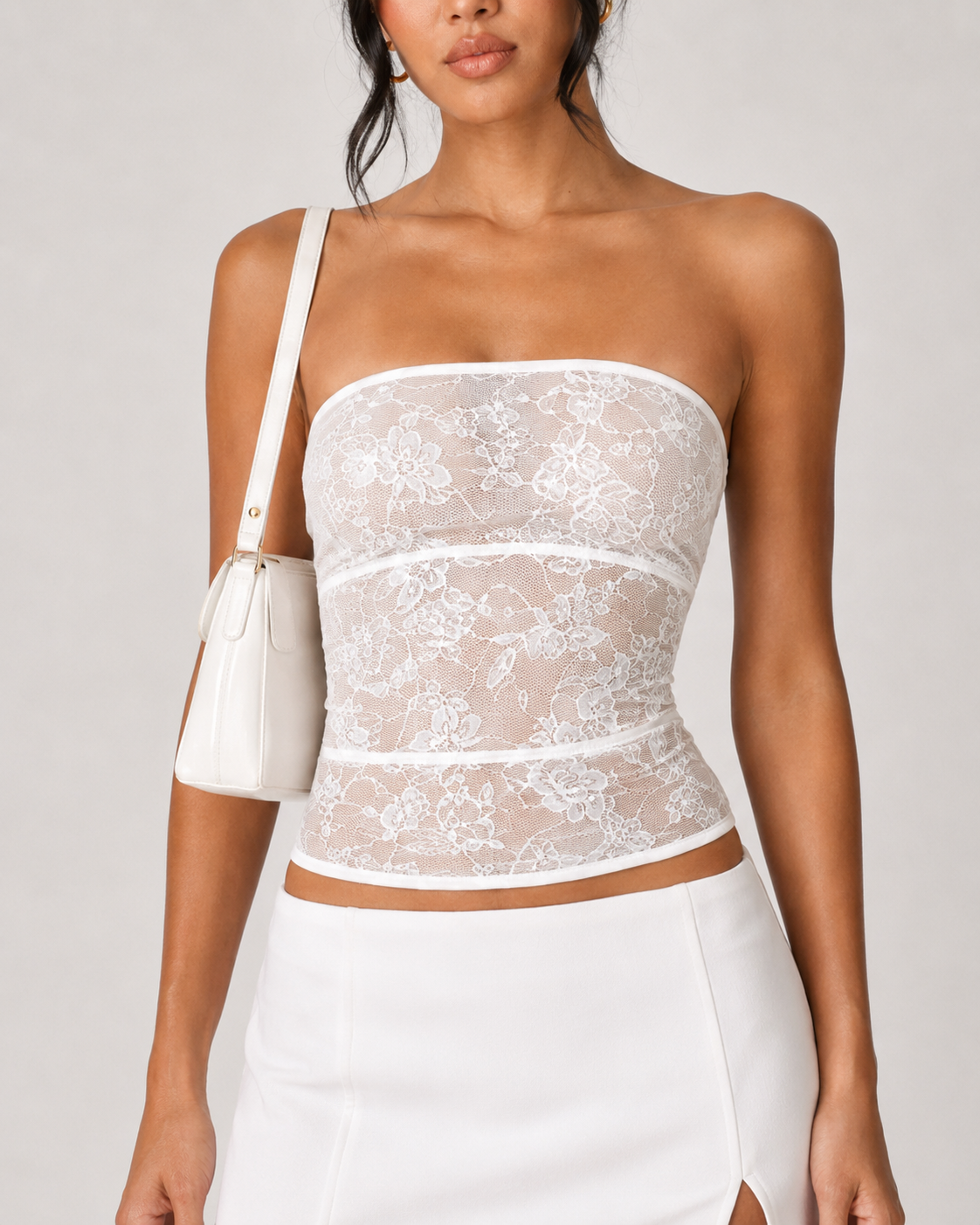 Sheer Floral Lace Tube Top - White