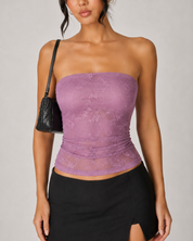 Sheer Floral Lace Tube Top - Purple