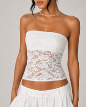 Sheer Floral Lace Bandeau Top - White