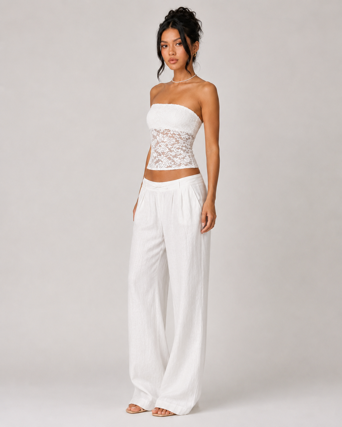 Sheer Floral Lace Bandeau Top - White