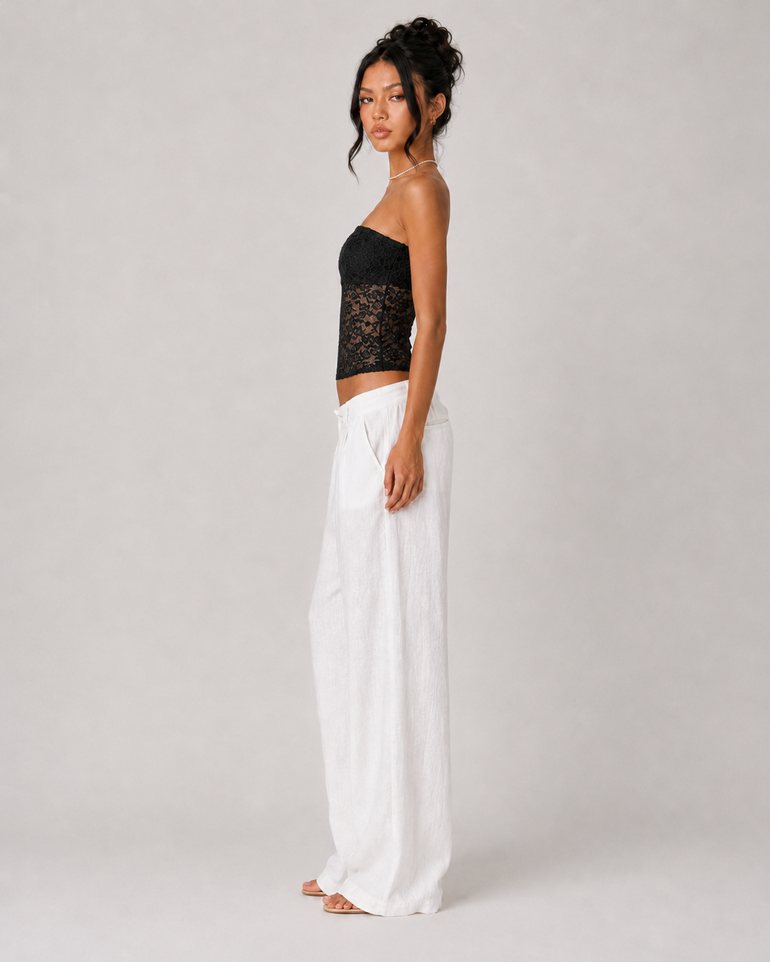 Sheer Floral Lace Bandeau Top - Black