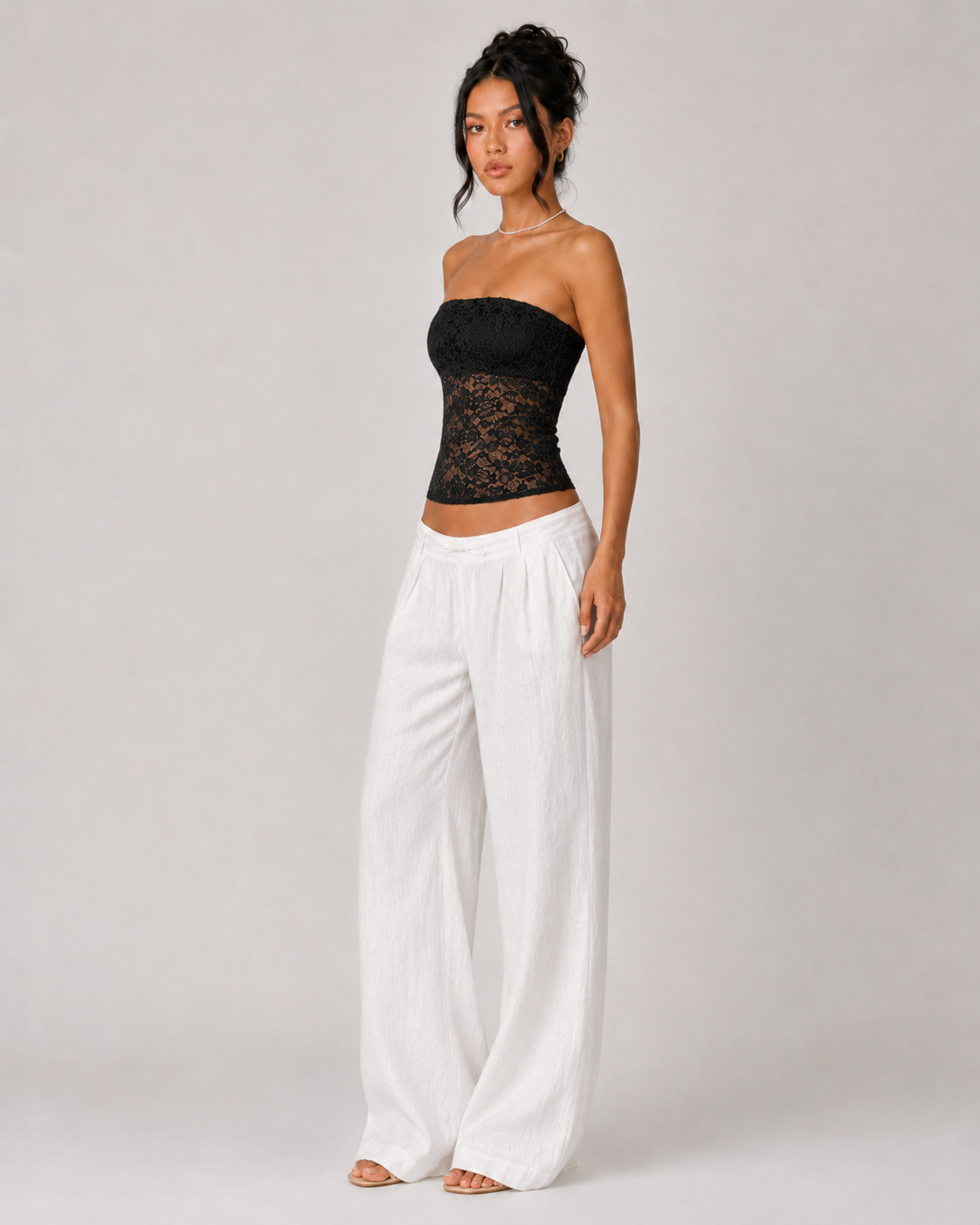 Sheer Floral Lace Bandeau Top - Black
