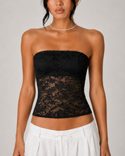 Sheer Floral Lace Bandeau Top - Black