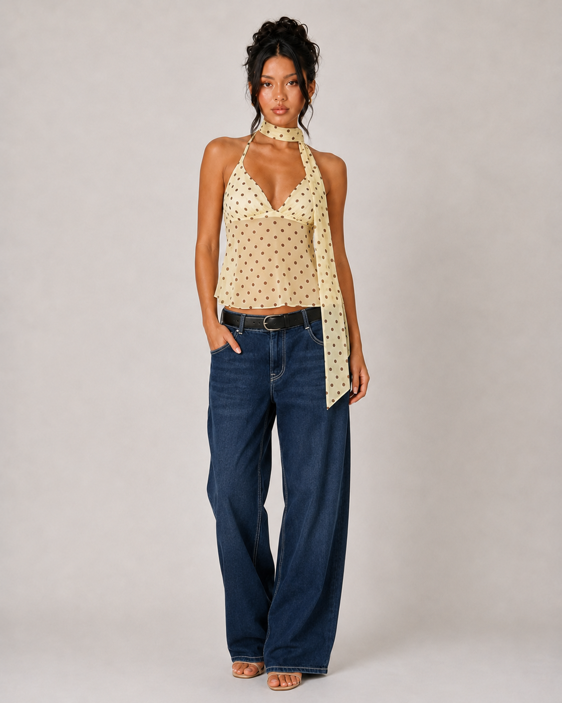 Polka Dot Halter Scarf Top - Yellow