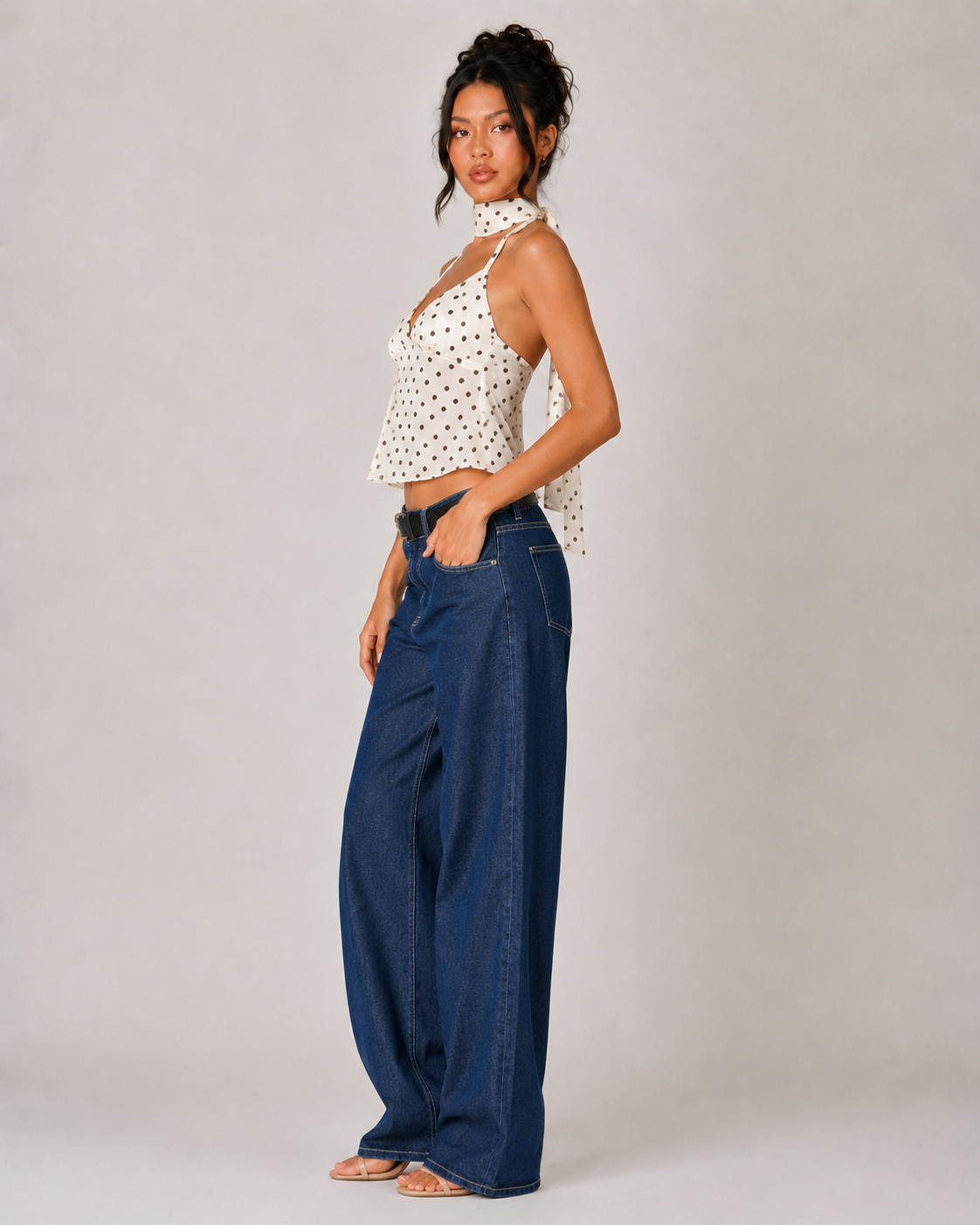 Polka Dot Halter Scarf Top - White