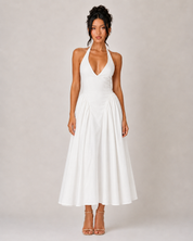 Halter V Neck Drop Waist Midi Dress - White