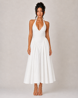 Halter V Neck Drop Waist Midi Dress - White