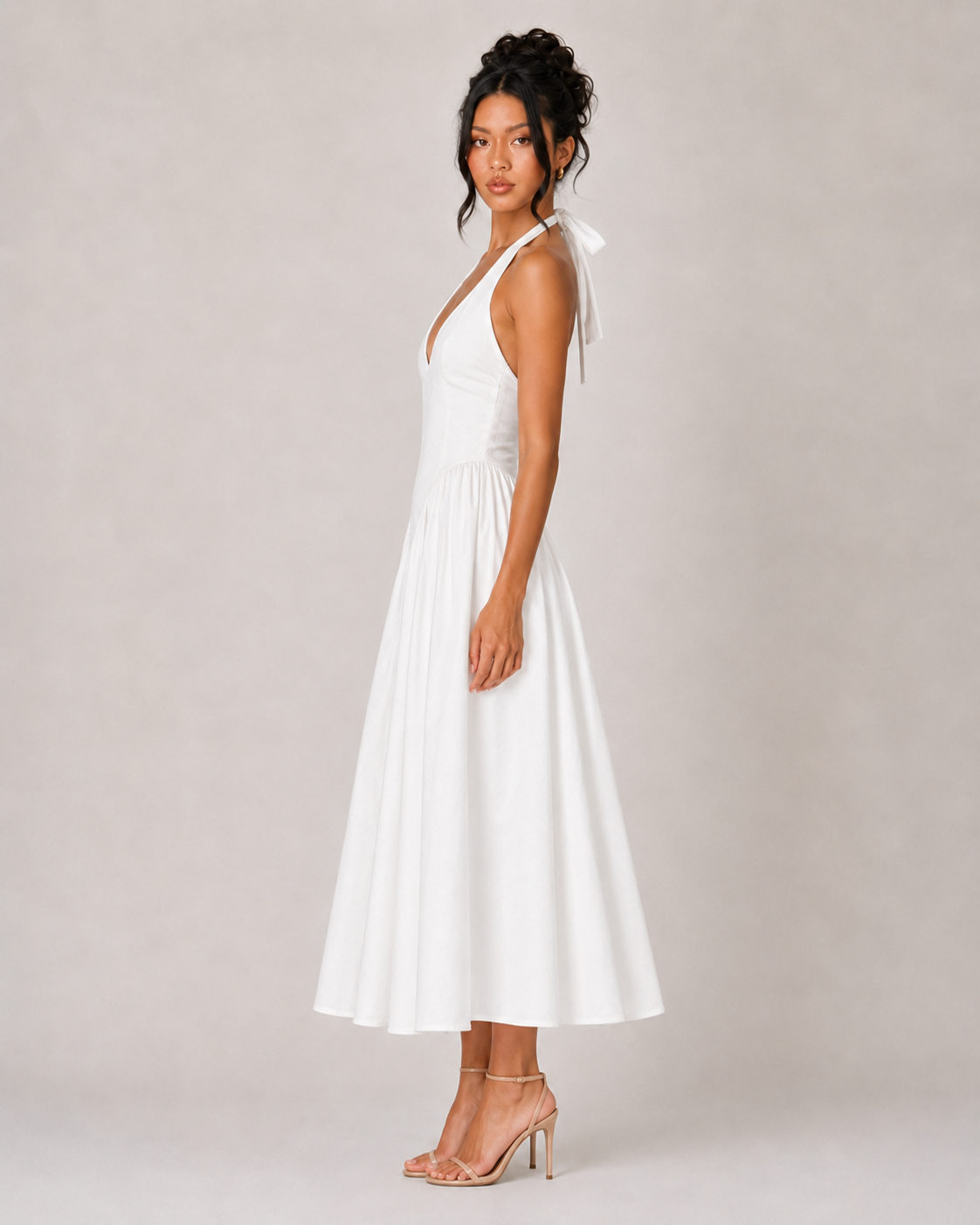 Halter V Neck Drop Waist Midi Dress - White
