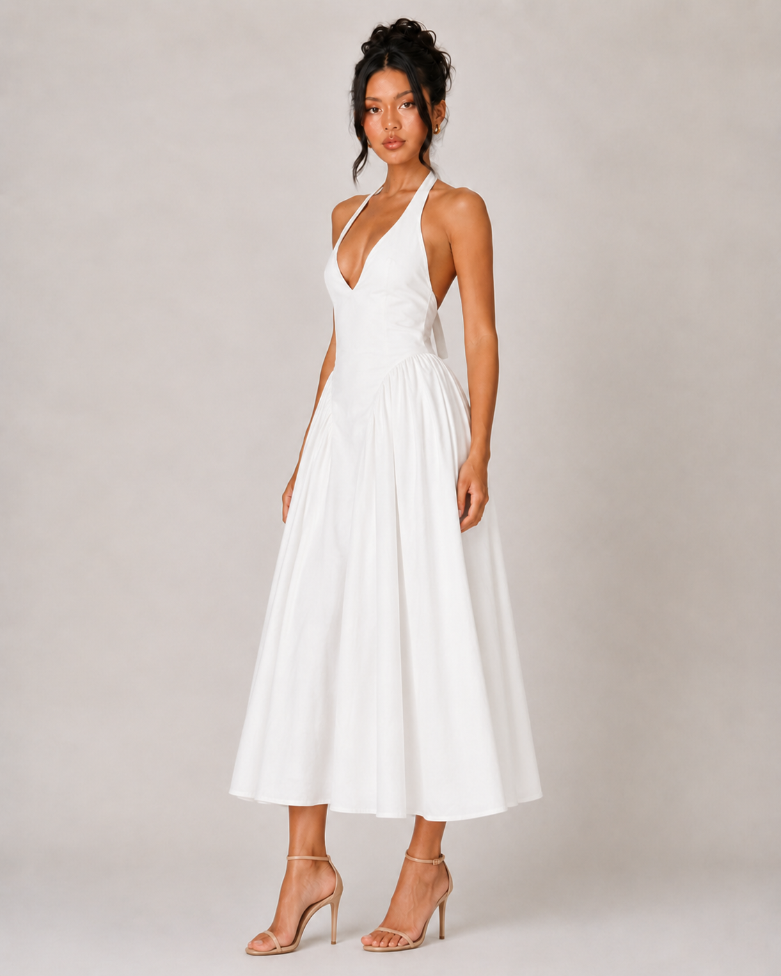 Halter V Neck Drop Waist Midi Dress - White
