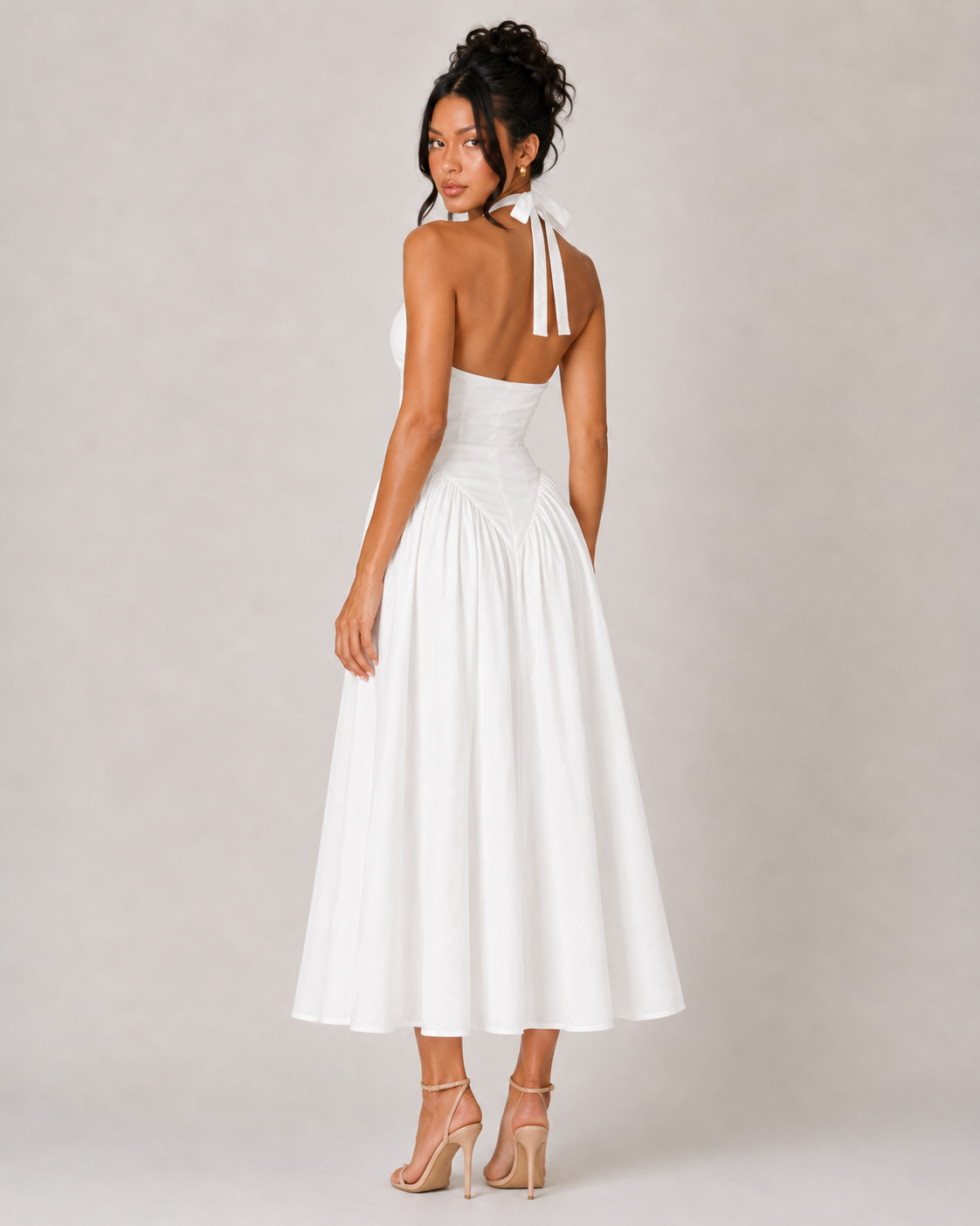 Halter V Neck Drop Waist Midi Dress - White