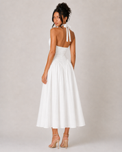 Halter V Neck Drop Waist Midi Dress - White
