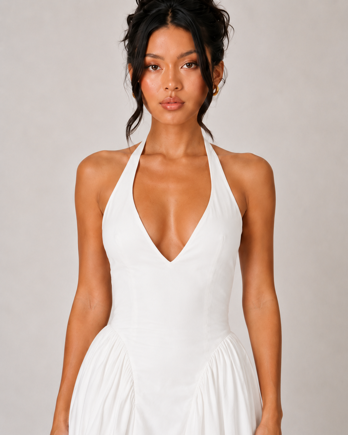 Halter V Neck Drop Waist Midi Dress - White