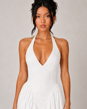 Halter V Neck Drop Waist Midi Dress - White