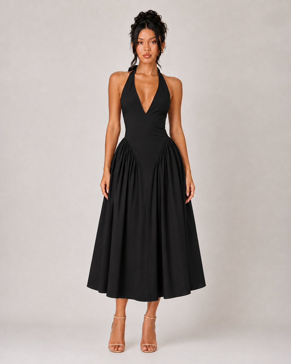 Halter V Neck Drop Waist Midi Dress - Black