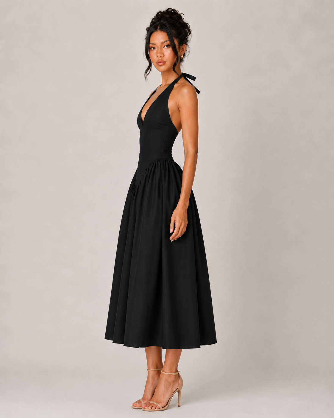 Halter V Neck Drop Waist Midi Dress - Black