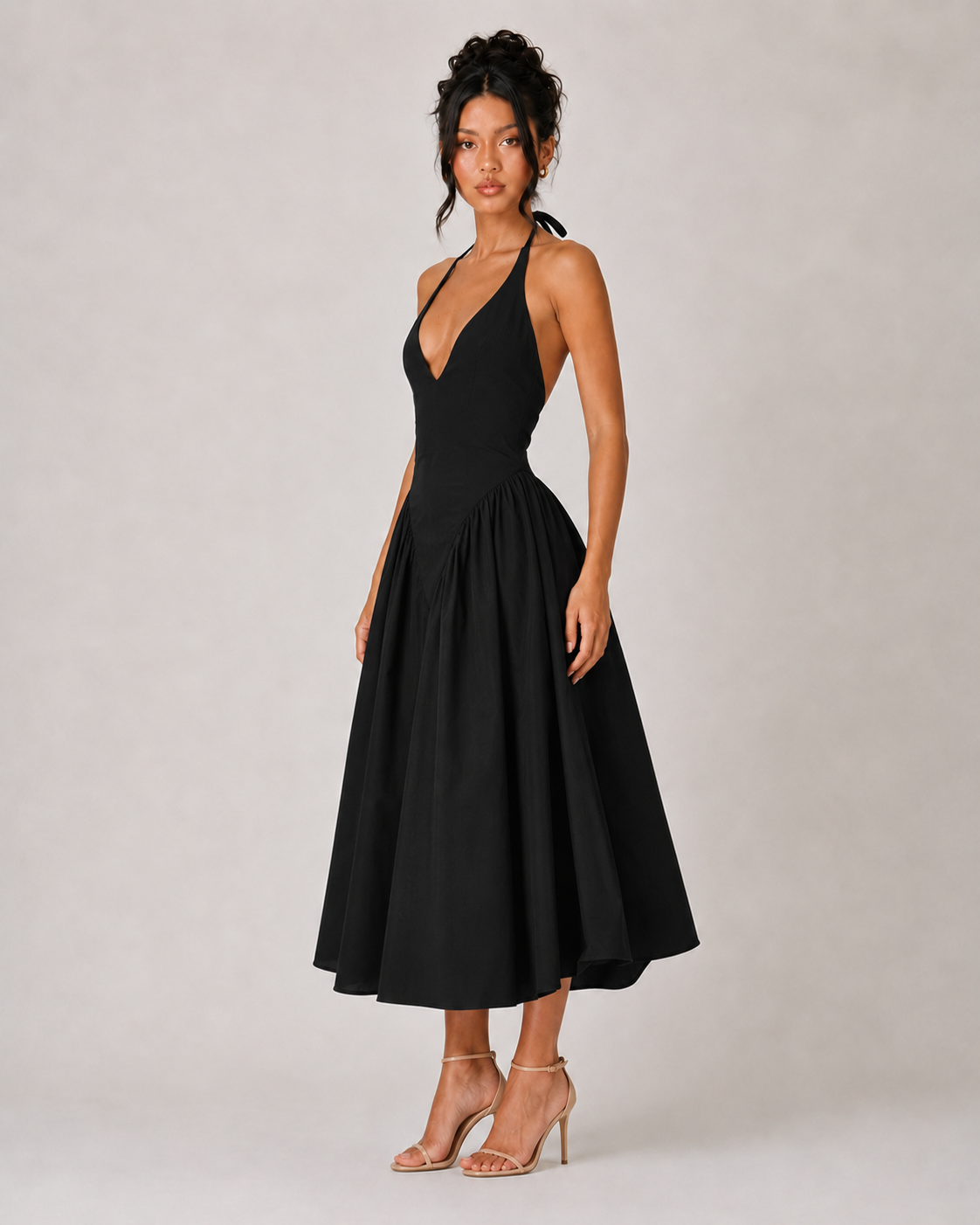 Halter V Neck Drop Waist Midi Dress - Black