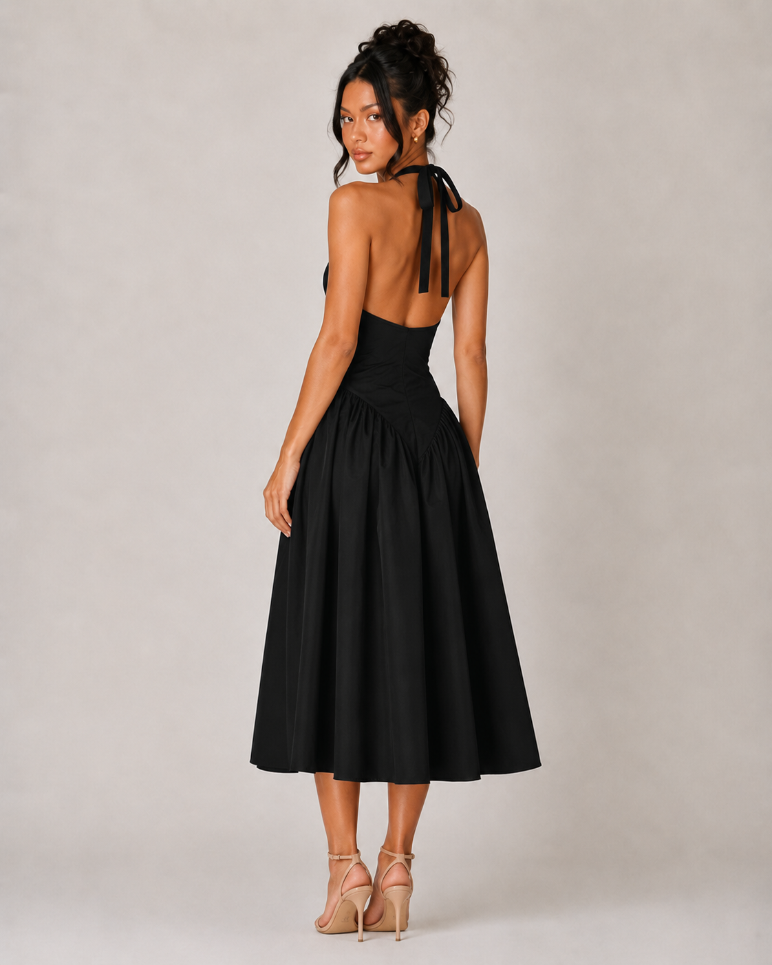 Halter V Neck Drop Waist Midi Dress - Black