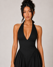 Halter V Neck Drop Waist Midi Dress - Black