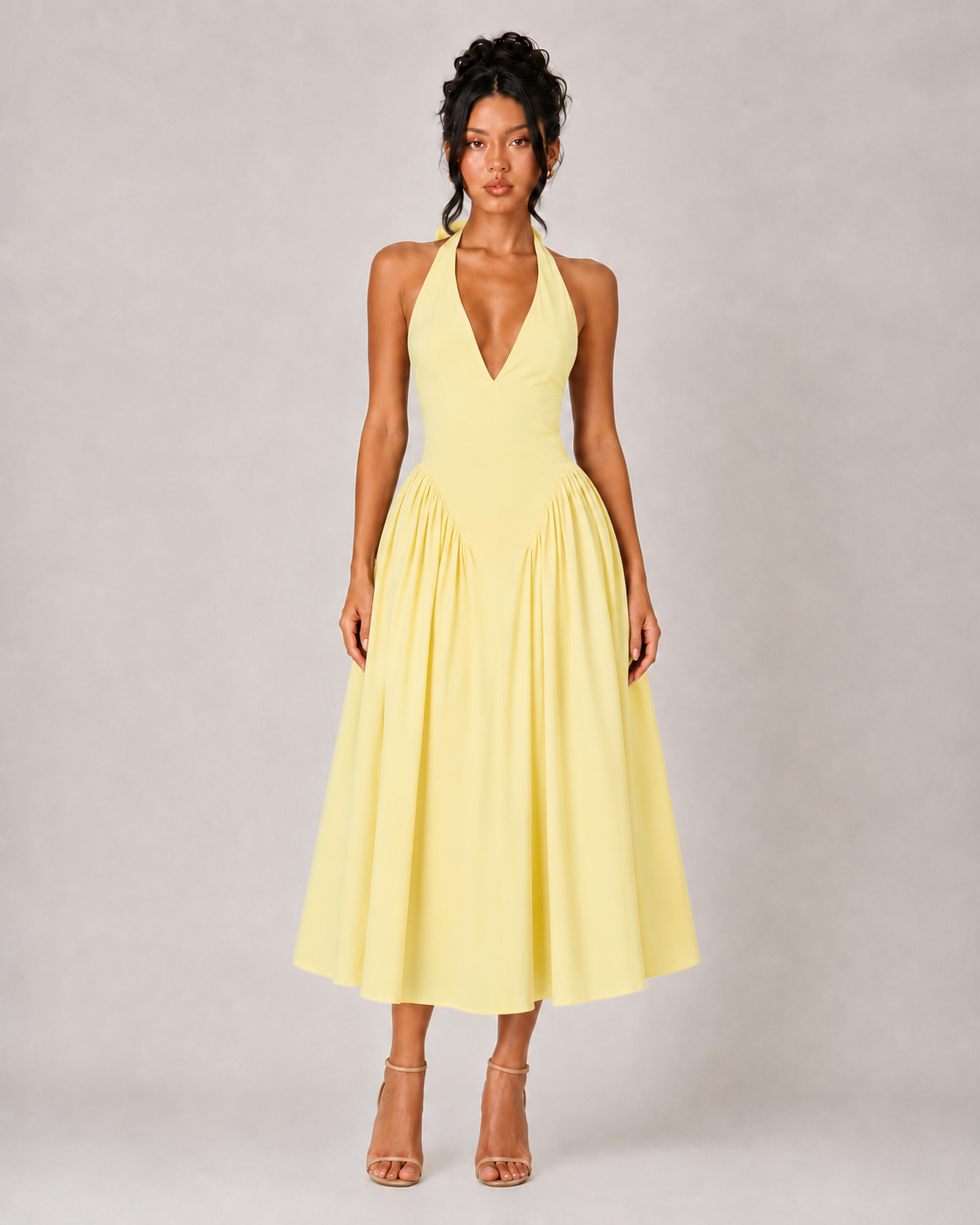 Halter V Neck Drop Waist Midi Dress - Yellow