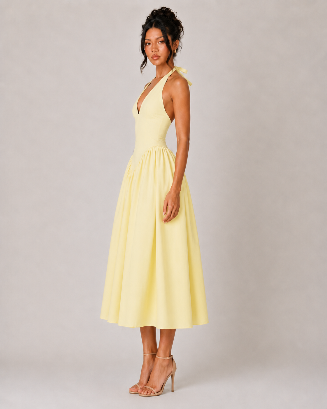 Halter V Neck Drop Waist Midi Dress - Yellow