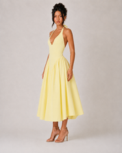 Halter V Neck Drop Waist Midi Dress - Yellow