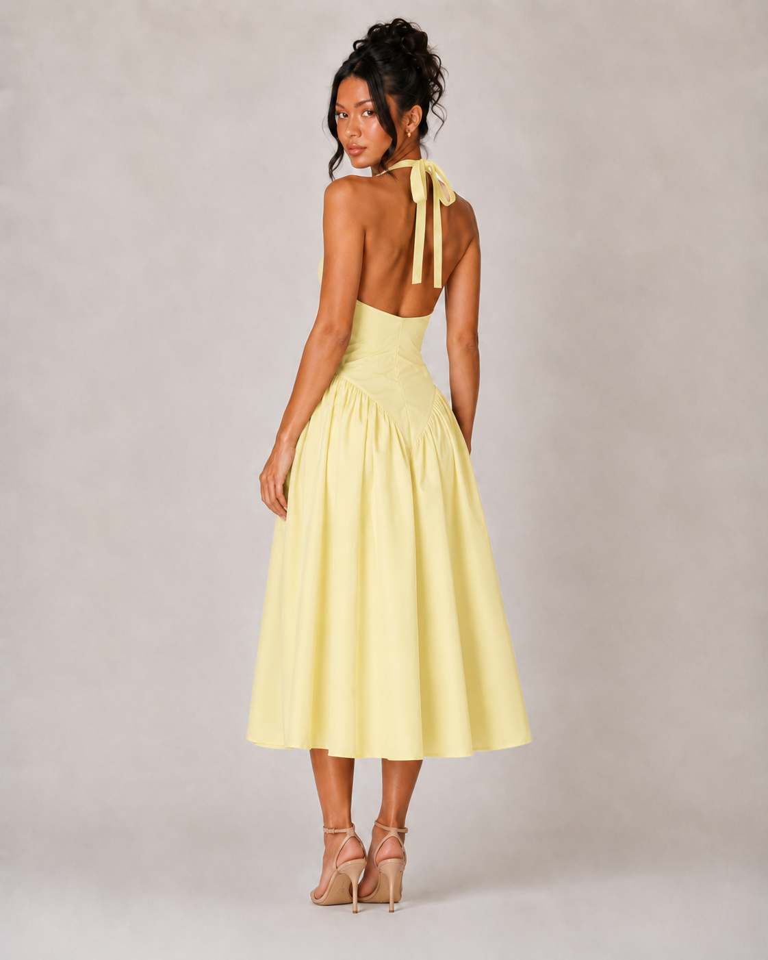 Halter V Neck Drop Waist Midi Dress - Yellow