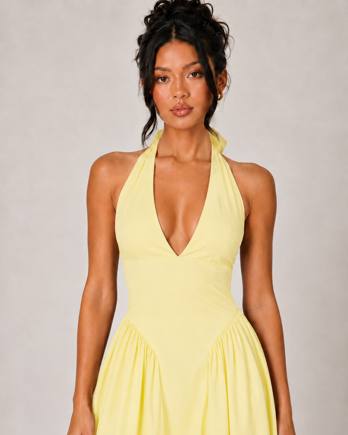 Halter V Neck Drop Waist Midi Dress - Yellow