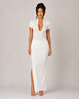 V Neck Short Sleeve Maxi Dress - White