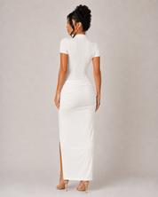 V Neck Short Sleeve Maxi Dress - White