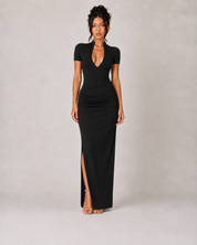 V Neck Short Sleeve Maxi Dress - Black
