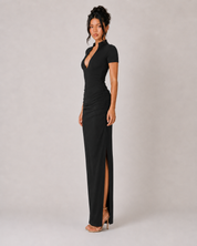 V Neck Short Sleeve Maxi Dress - Black