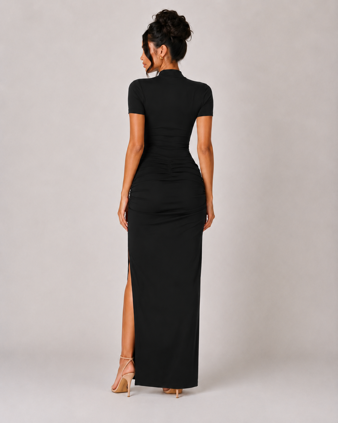 V Neck Short Sleeve Maxi Dress - Black